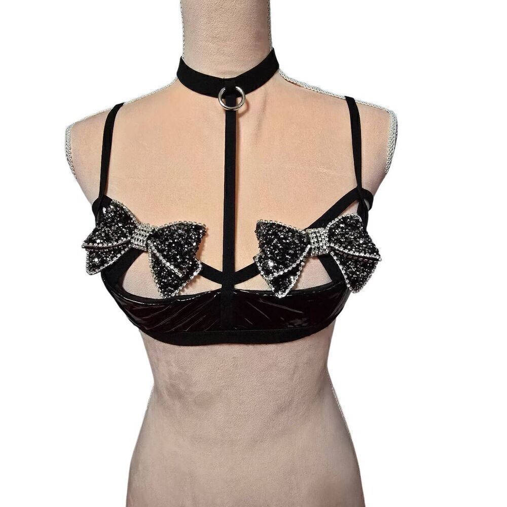 Starline Strappy PVC Caged Shelf Bra with Rhinestone Bows